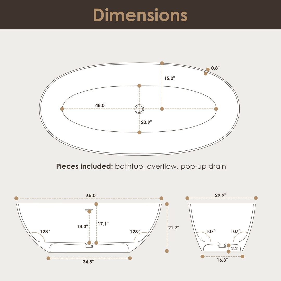 Euston 65" x 30" Solid Surface Soaking Bathtub in Matte White with Matte White Drain and Integrated Overflow