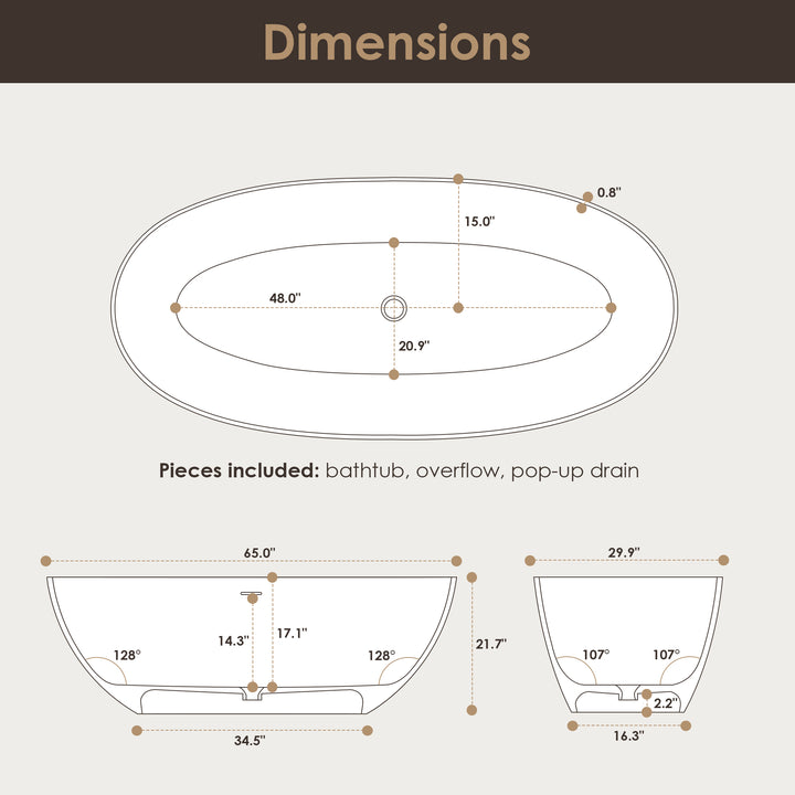 Euston 65" x 30" Solid Surface Soaking Bathtub in Matte White with Matte White Drain and Integrated Overflow