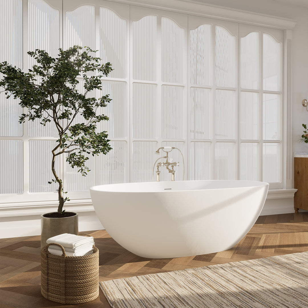 Euston 65" x 30" Solid Surface Soaking Bathtub in Matte White with Matte White Drain and Integrated Overflow