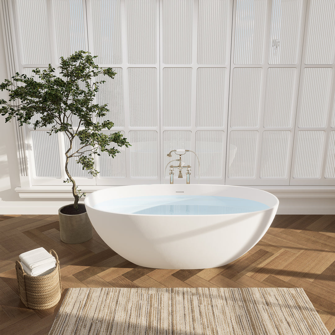 Euston 65" x 30" Solid Surface Soaking Bathtub in Matte White with Matte White Drain and Integrated Overflow