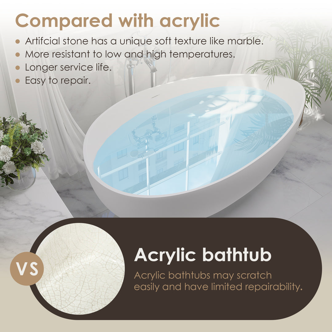 Vespa 63" x 39" Solid Surface Soaking Bathtub in Matte White with Matte White Drain and Integrated Overflow