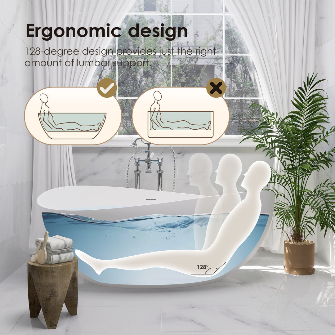 Vespa 63" x 39" Solid Surface Soaking Bathtub in Matte White with Matte White Drain and Integrated Overflow