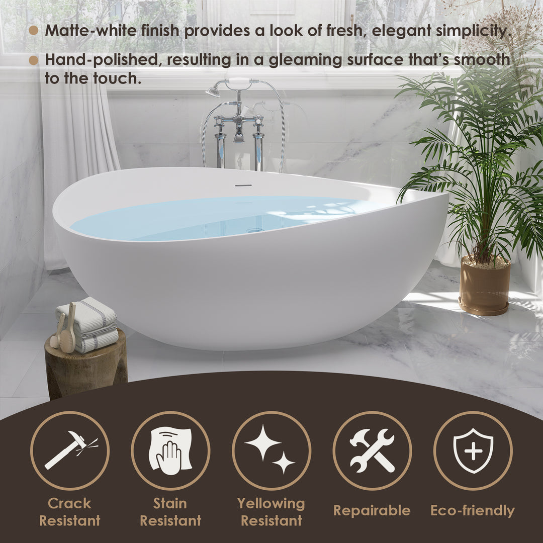 Vespa 63" x 39" Solid Surface Soaking Bathtub in Matte White with Matte White Drain and Integrated Overflow