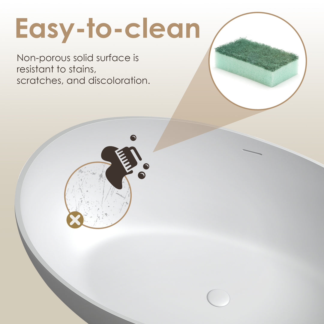 Vespa 63" x 39" Solid Surface Soaking Bathtub in Matte White with Matte White Drain and Integrated Overflow