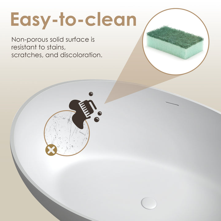 Vespa 63" x 39" Solid Surface Soaking Bathtub in Matte White with Matte White Drain and Integrated Overflow