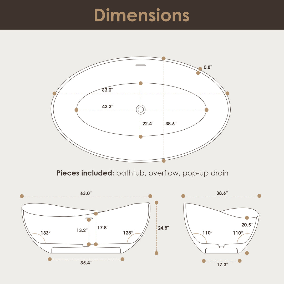 Vespa 63" x 39" Solid Surface Soaking Bathtub in Matte White with Matte White Drain and Integrated Overflow