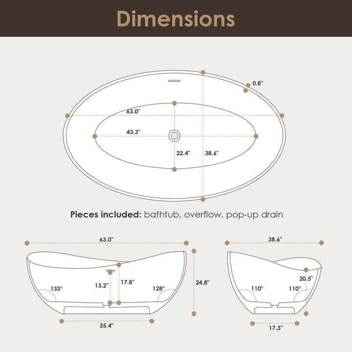 Vespa 63" x 39" Solid Surface Soaking Bathtub in Matte White with Matte White Drain and Integrated Overflow