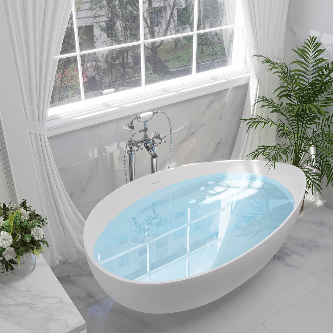 Vespa 63" x 39" Solid Surface Soaking Bathtub in Matte White with Matte White Drain and Integrated Overflow