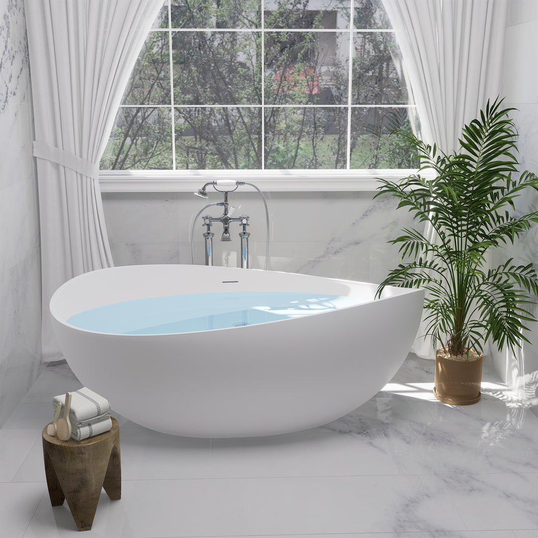 Vespa 63" x 39" Solid Surface Soaking Bathtub in Matte White with Matte White Drain and Integrated Overflow