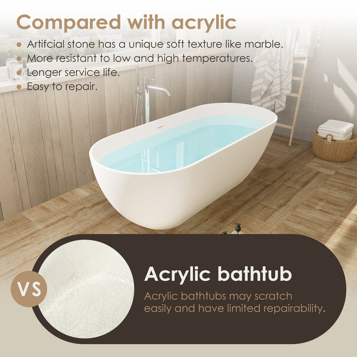 Ryder 59" x 30" Solid Surface Soaking Bathtub in Matte White with Matte White Drain and Integrated Overflow