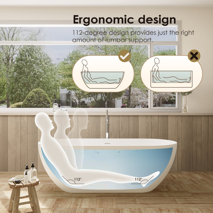 Ryder 59" x 30" Solid Surface Soaking Bathtub in Matte White with Matte White Drain and Integrated Overflow