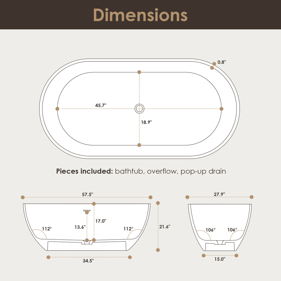 Ryder 59" x 30" Solid Surface Soaking Bathtub in Matte White with Matte White Drain and Integrated Overflow