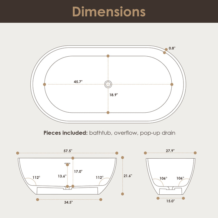 Ryder 59" x 30" Solid Surface Soaking Bathtub in Matte White with Matte White Drain and Integrated Overflow
