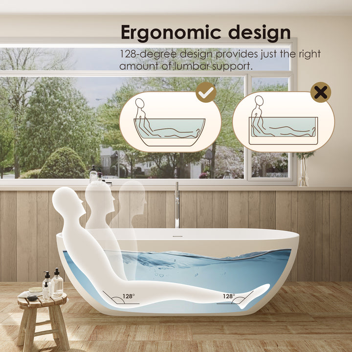 Ryder 69" x 30" Solid Surface Soaking Bathtub in Matte White with Matte White Drain and Integrated Overflow