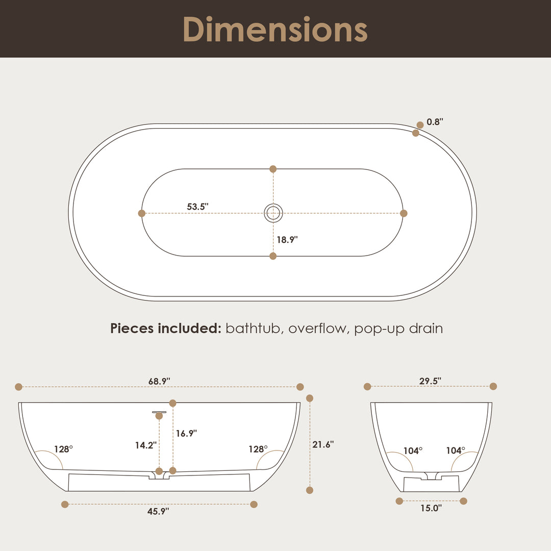 Ryder 69" x 30" Solid Surface Soaking Bathtub in Matte White with Matte White Drain and Integrated Overflow