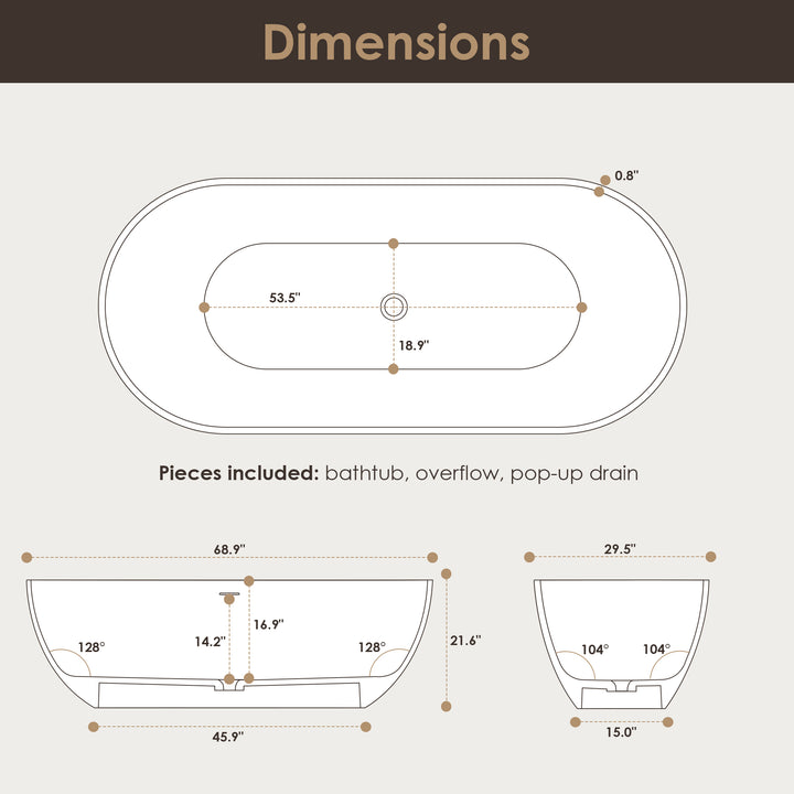 Ryder 69" x 30" Solid Surface Soaking Bathtub in Matte White with Matte White Drain and Integrated Overflow