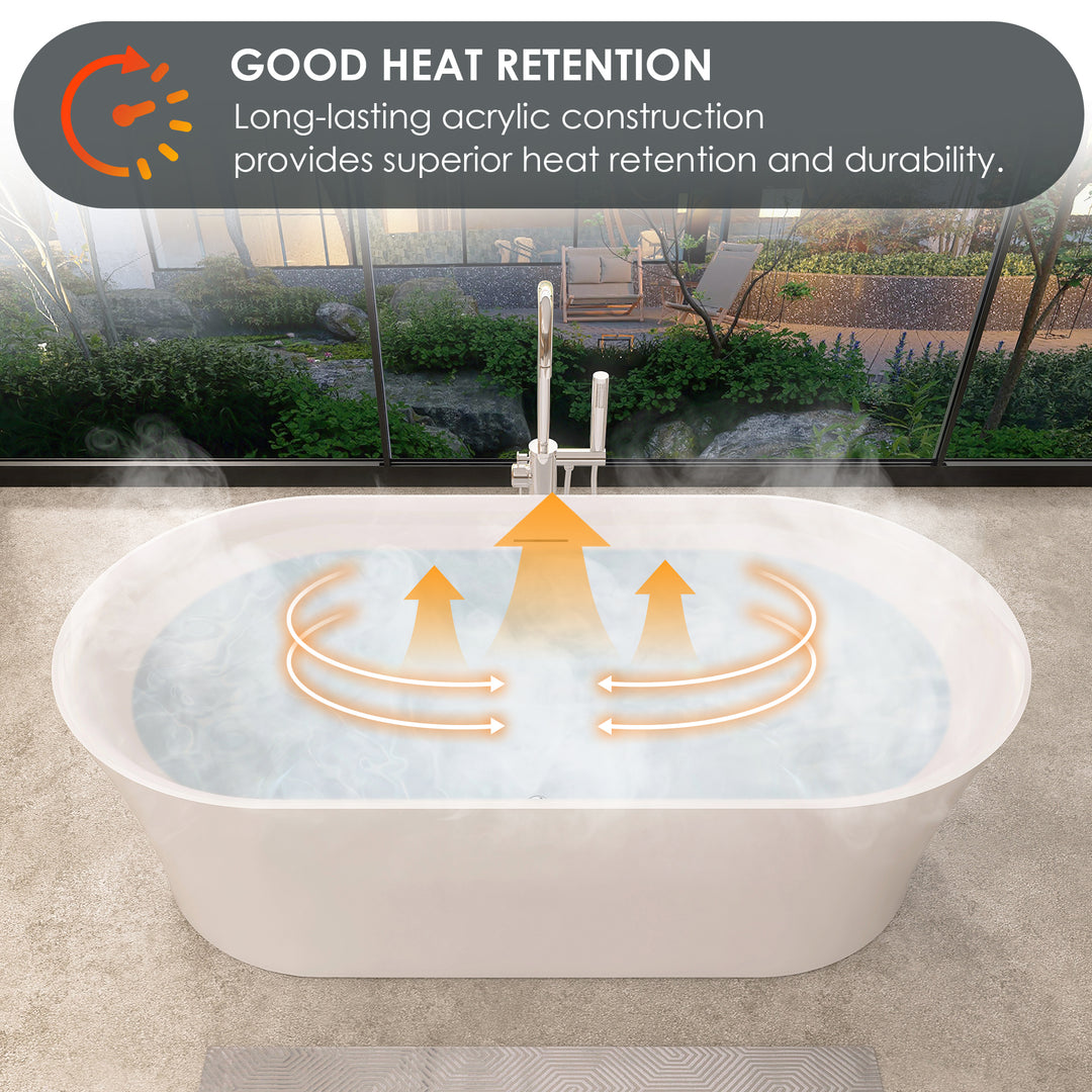 Royce 67" x 32" Flatbottom Freestanding Acrylic Soaking Bathtub in Glossy White with Drain and Integrated Overflow