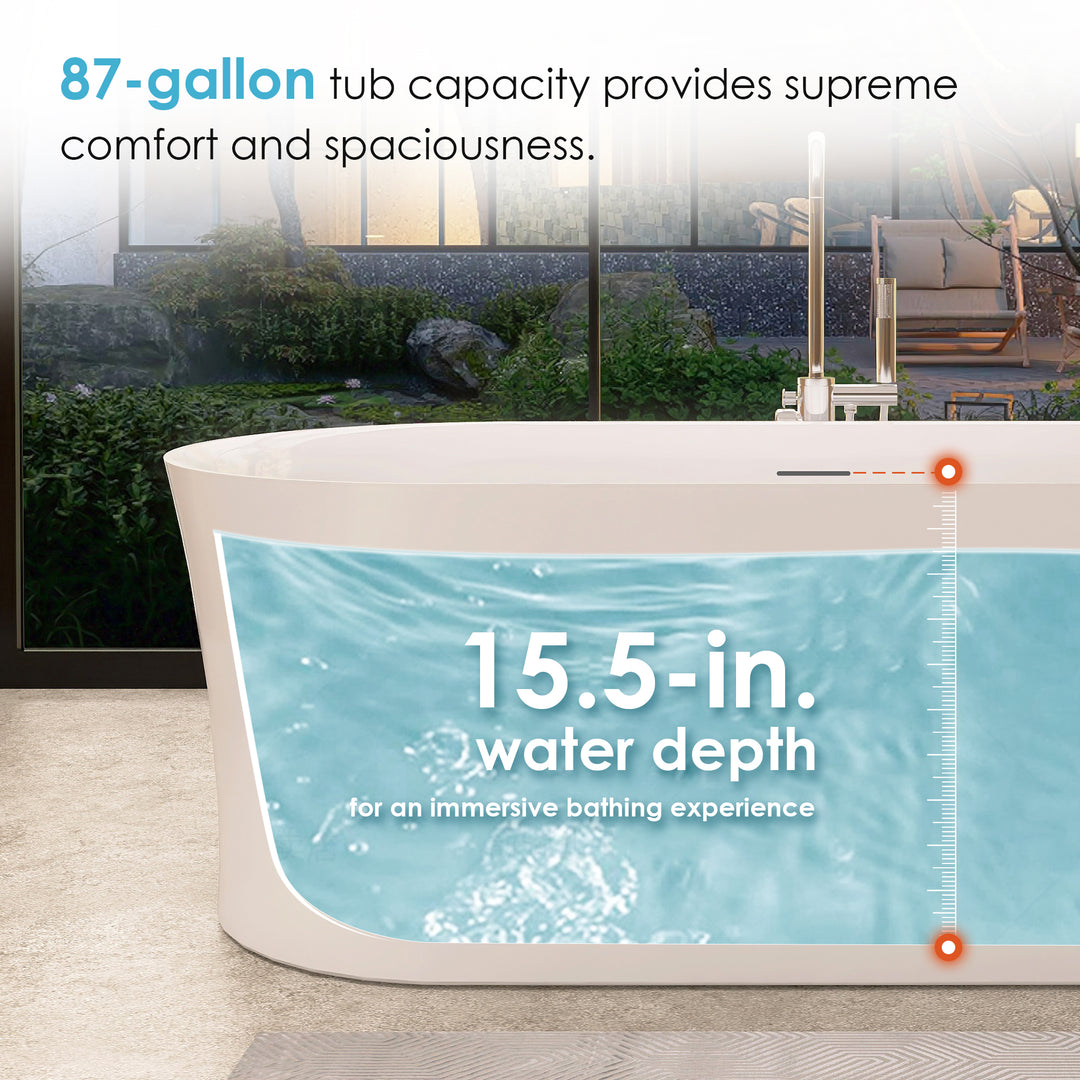 Royce 67" x 32" Flatbottom Freestanding Acrylic Soaking Bathtub in Glossy White with Drain and Integrated Overflow