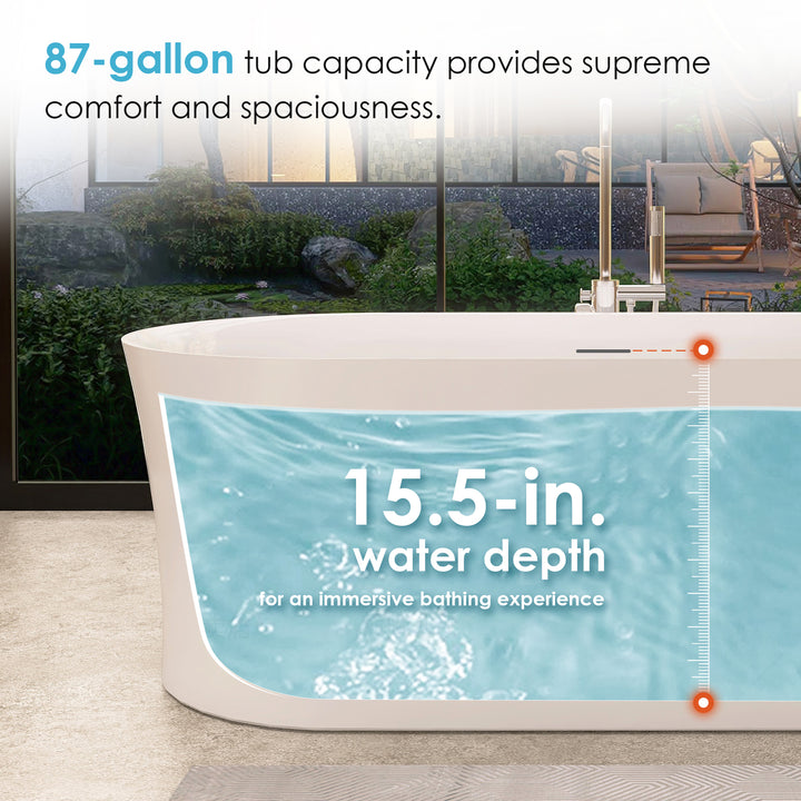 Royce 67" x 32" Flatbottom Freestanding Acrylic Soaking Bathtub in Glossy White with Drain and Integrated Overflow