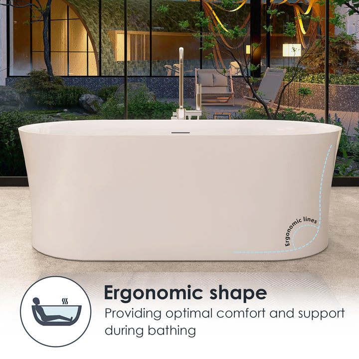 Royce 67" x 32" Flatbottom Freestanding Acrylic Soaking Bathtub in Glossy White with Drain and Integrated Overflow
