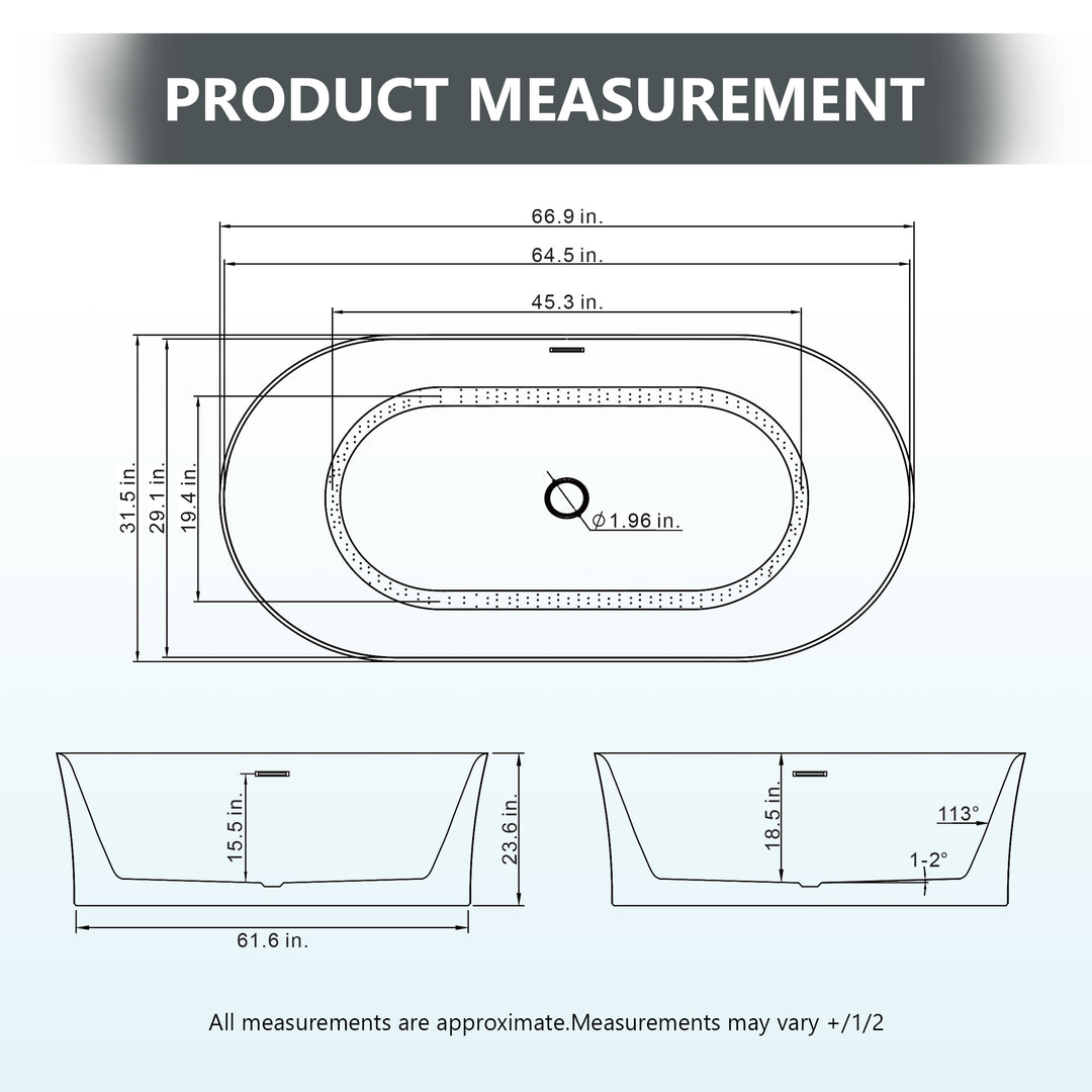 Royce 67" x 32" Flatbottom Freestanding Acrylic Soaking Bathtub in Glossy White with Drain and Integrated Overflow