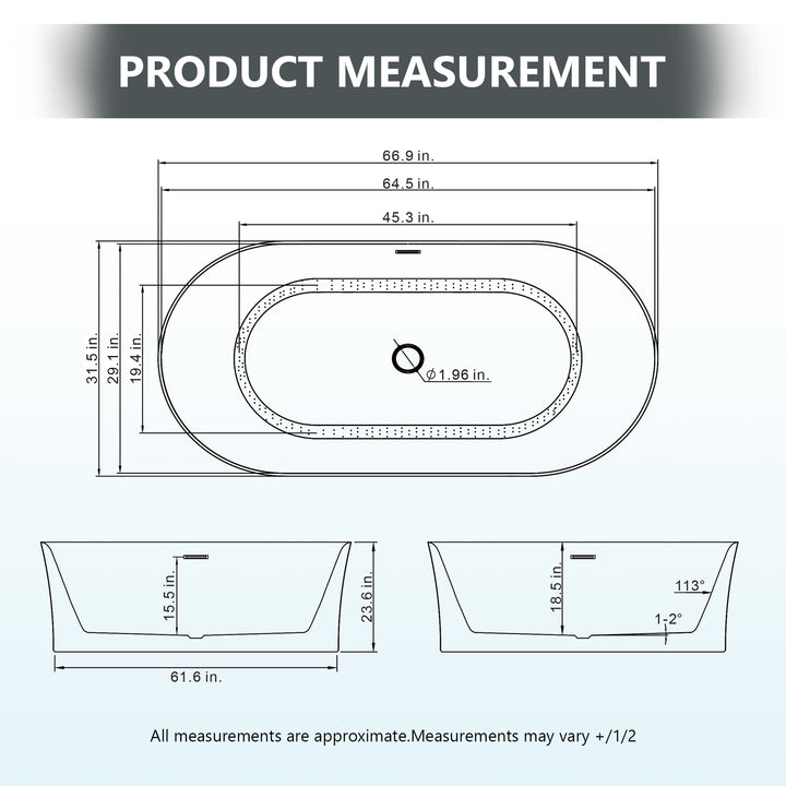 Royce 67" x 32" Flatbottom Freestanding Acrylic Soaking Bathtub in Glossy White with Drain and Integrated Overflow