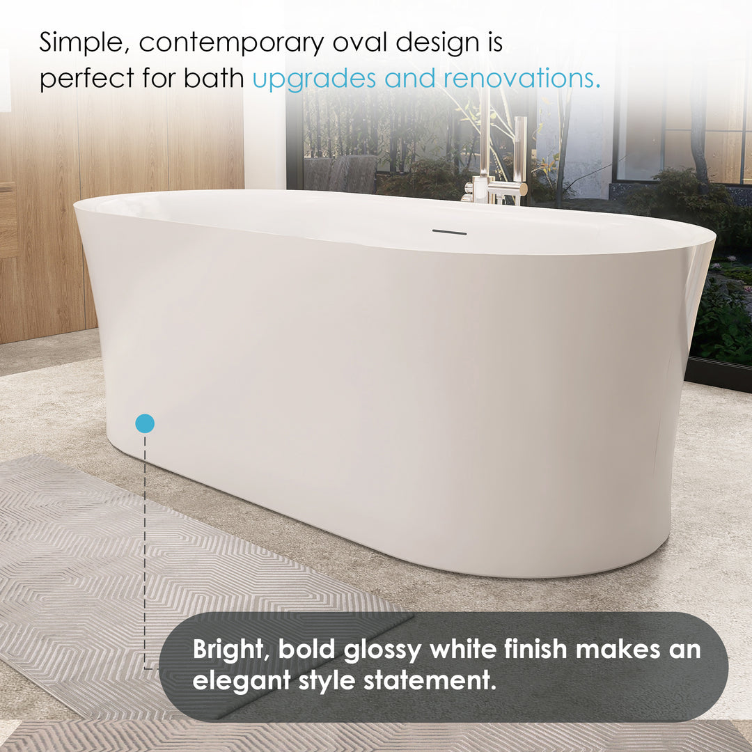 Royce 67" x 32" Flatbottom Freestanding Acrylic Soaking Bathtub in Glossy White with Drain and Integrated Overflow