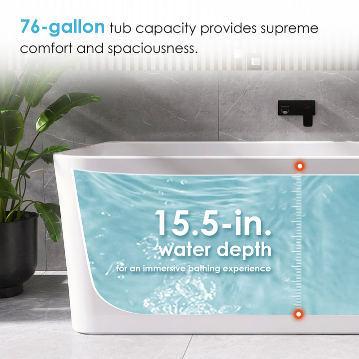 Lilac 67" x 32" Flatbottom Freestanding Acrylic Soaking Bathtub in Glossy White with Drain and Integrated Overflow