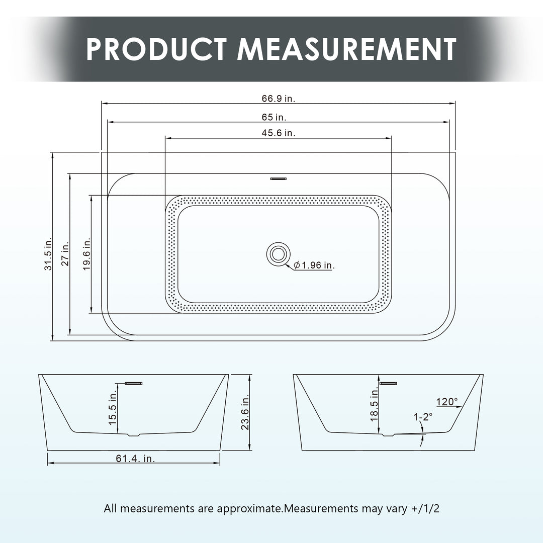 Lilac 67" x 32" Flatbottom Freestanding Acrylic Soaking Bathtub in Glossy White with Drain and Integrated Overflow