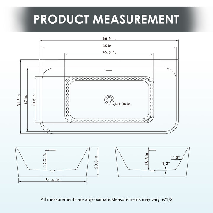 Lilac 67" x 32" Flatbottom Freestanding Acrylic Soaking Bathtub in Glossy White with Drain and Integrated Overflow