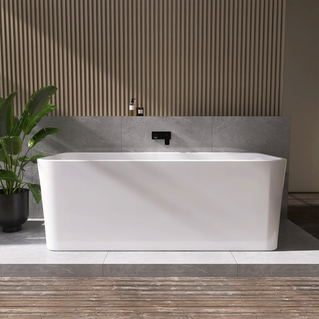 Lilac 67" x 32" Flatbottom Freestanding Acrylic Soaking Bathtub in Glossy White with Drain and Integrated Overflow