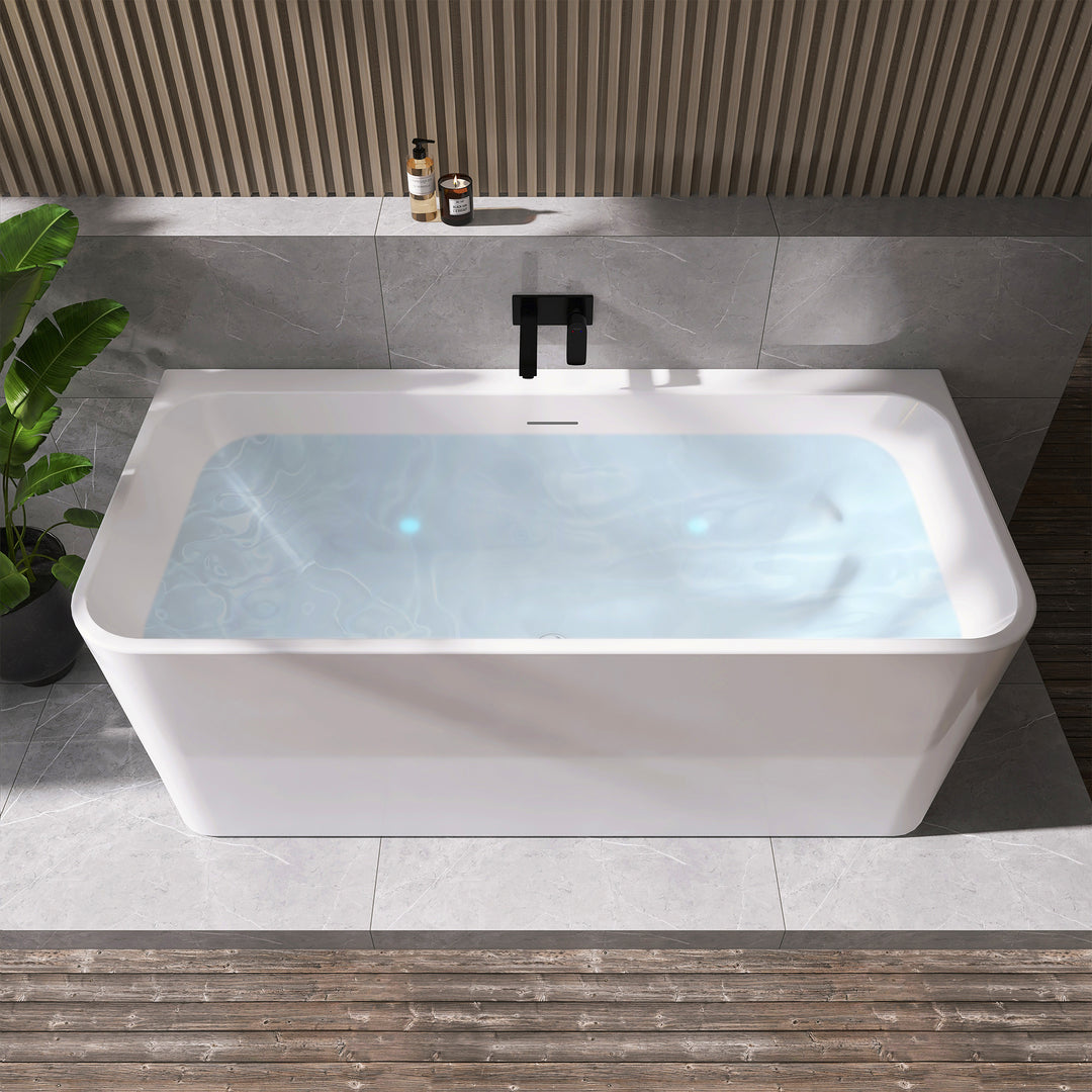Lilac 67" x 32" Flatbottom Freestanding Acrylic Soaking Bathtub in Glossy White with Drain and Integrated Overflow