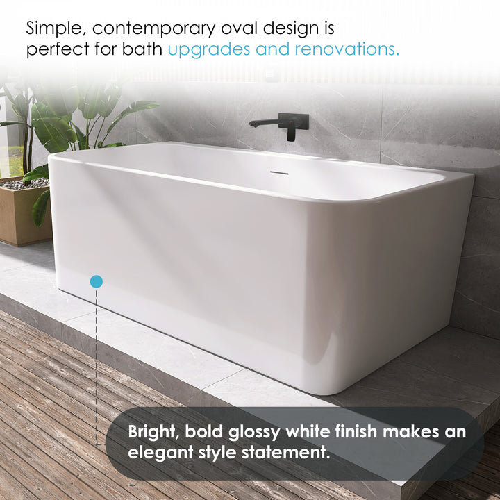 Lilac 67" x 32" Flatbottom Freestanding Acrylic Soaking Bathtub in Glossy White with Drain and Integrated Overflow