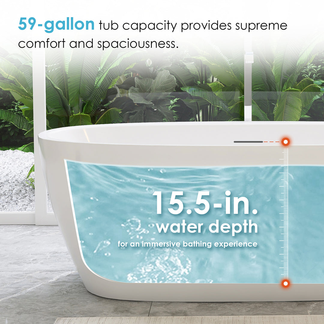 Sarnia 67" x 32" Flatbottom Freestanding Acrylic Soaking Bathtub in Glossy White with Drain and Integrated Overflow