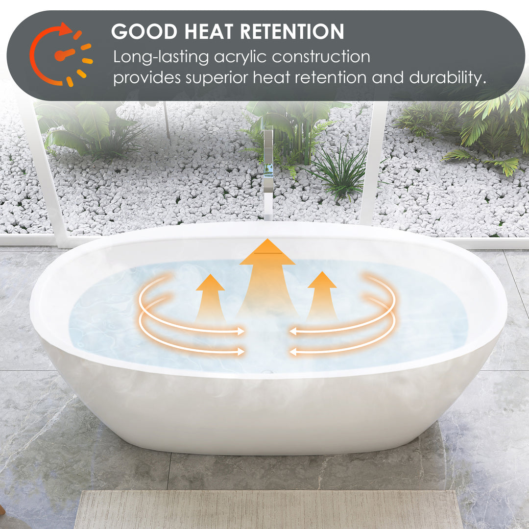 Beyaz 59" x 32" Flatbottom Freestanding Acrylic Soaking Bathtub in Glossy White with Drain and Integrated Overflow