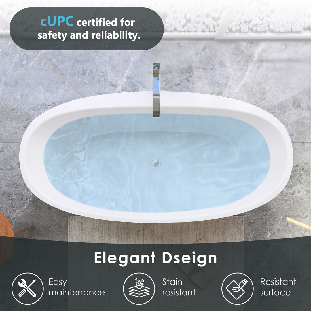 Beyaz 59" x 32" Flatbottom Freestanding Acrylic Soaking Bathtub in Glossy White with Drain and Integrated Overflow