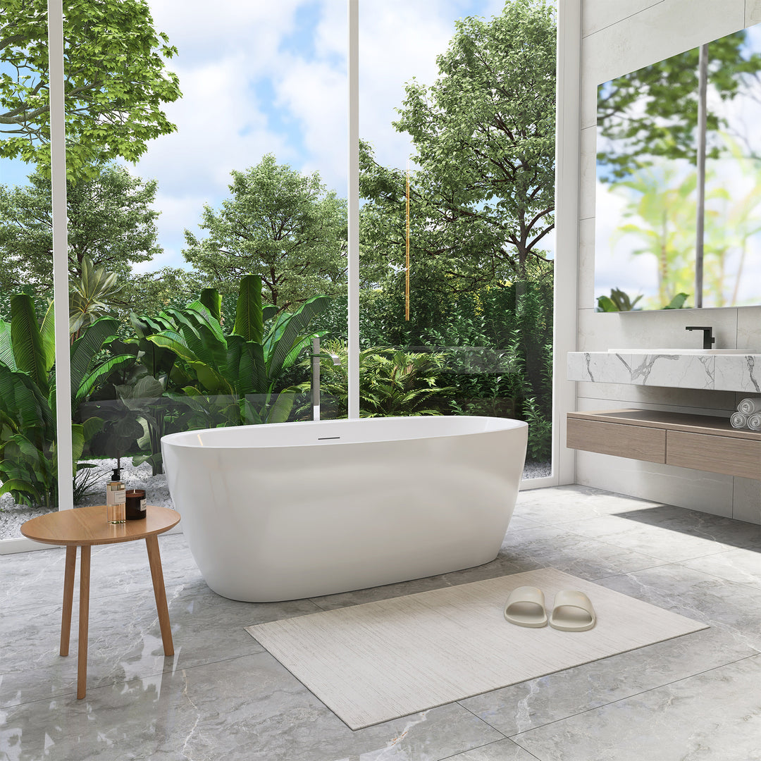Beyaz 59" x 32" Flatbottom Freestanding Acrylic Soaking Bathtub in Glossy White with Drain and Integrated Overflow