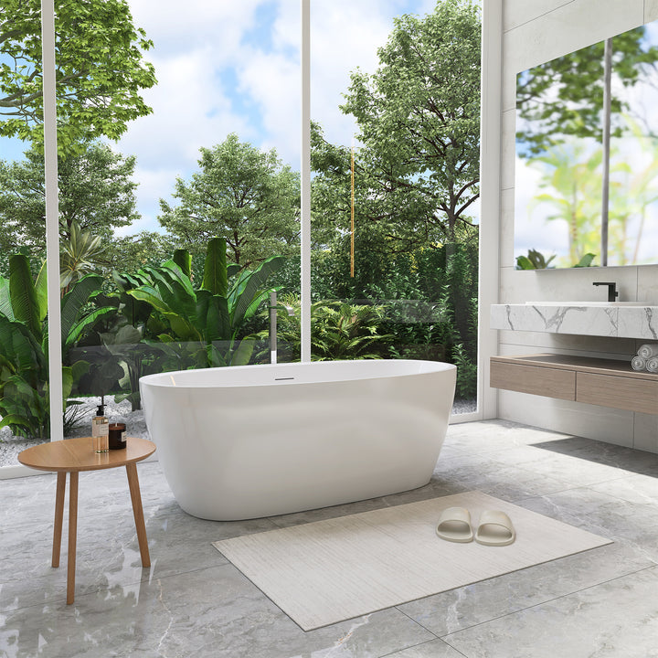Beyaz 59" x 32" Flatbottom Freestanding Acrylic Soaking Bathtub in Glossy White with Drain and Integrated Overflow