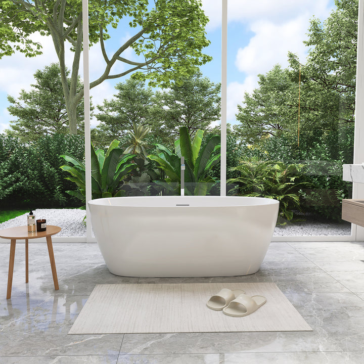 Beyaz 59" x 32" Flatbottom Freestanding Acrylic Soaking Bathtub in Glossy White with Drain and Integrated Overflow