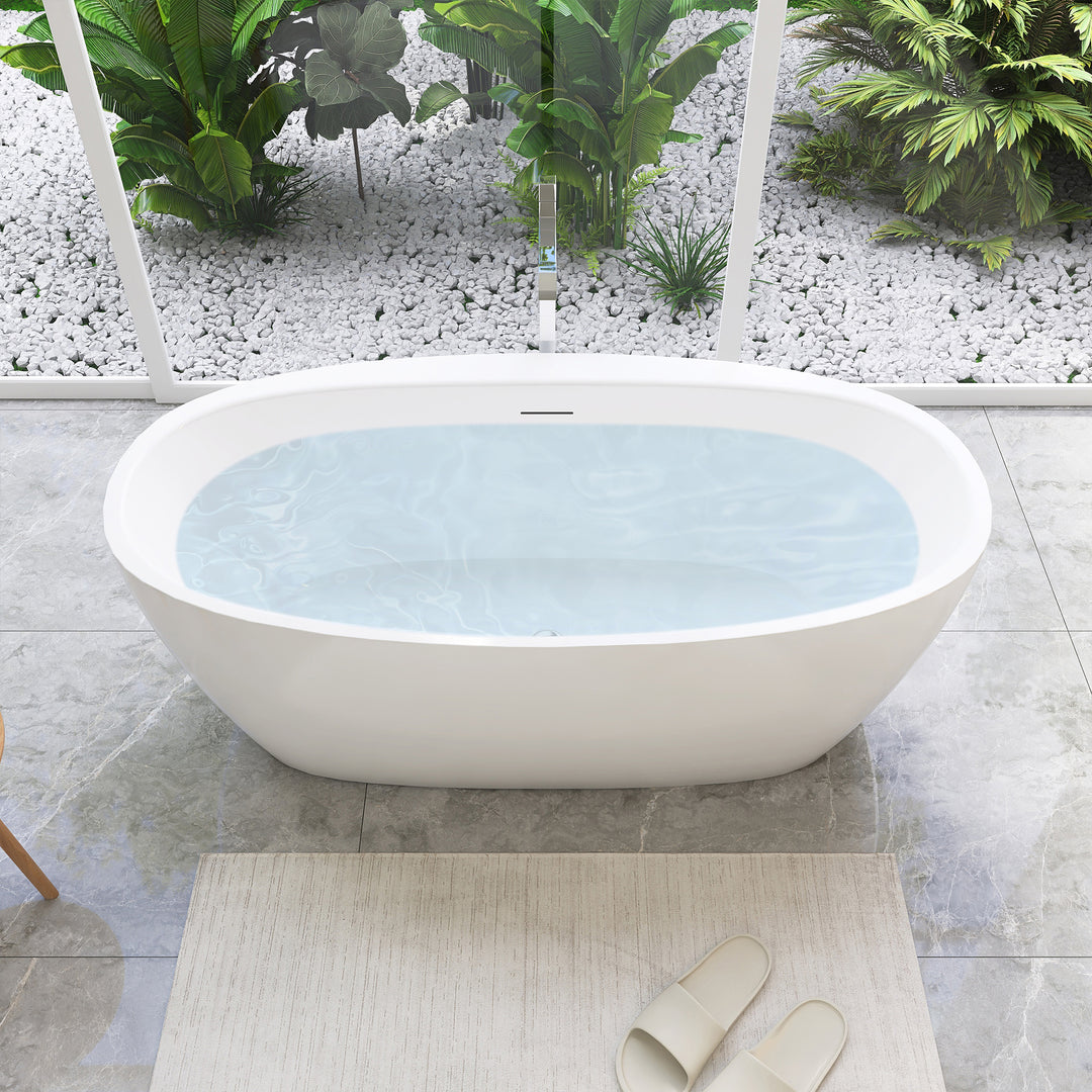 Beyaz 59" x 32" Flatbottom Freestanding Acrylic Soaking Bathtub in Glossy White with Drain and Integrated Overflow