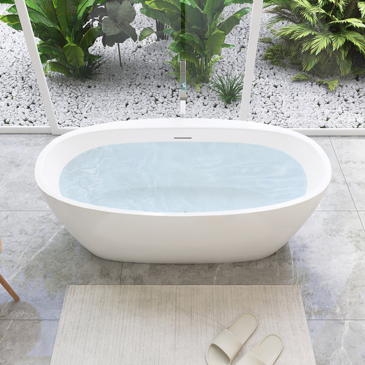 Beyaz 59" x 32" Flatbottom Freestanding Acrylic Soaking Bathtub in Glossy White with Drain and Integrated Overflow