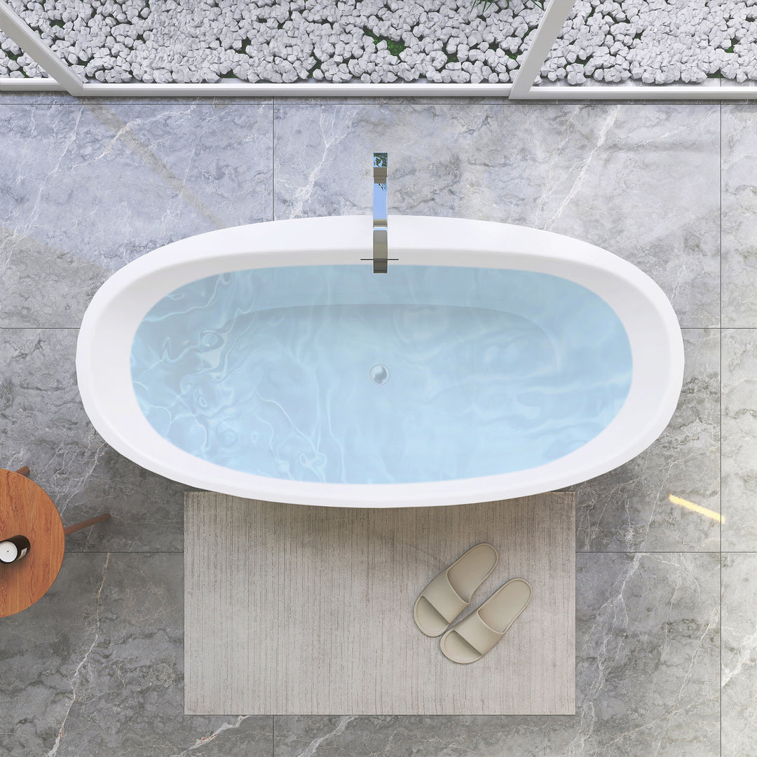 Beyaz 59" x 32" Flatbottom Freestanding Acrylic Soaking Bathtub in Glossy White with Drain and Integrated Overflow