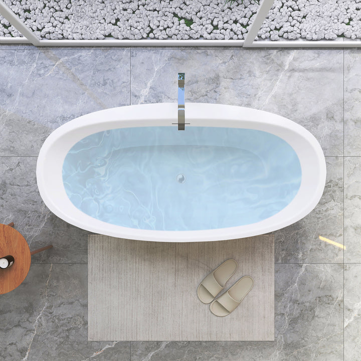 Beyaz 59" x 32" Flatbottom Freestanding Acrylic Soaking Bathtub in Glossy White with Drain and Integrated Overflow