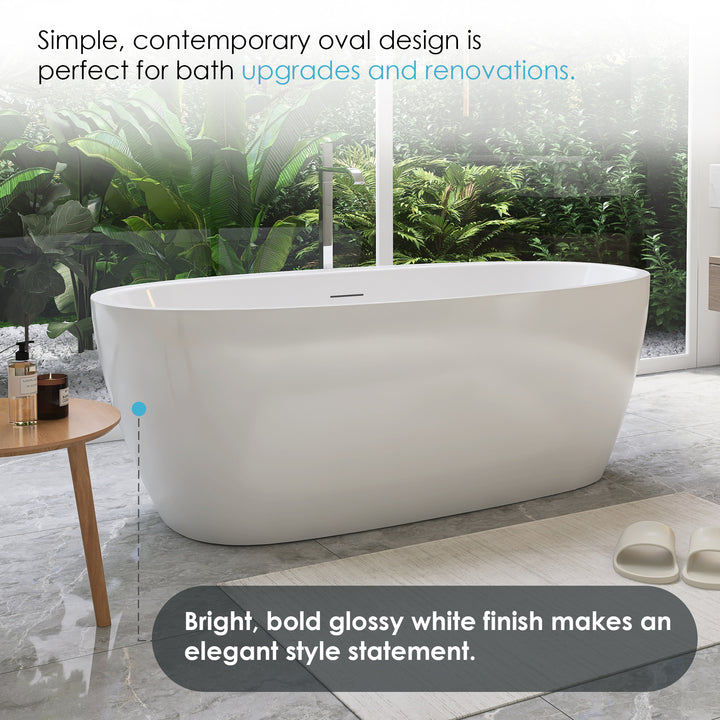 Beyaz 59" x 32" Flatbottom Freestanding Acrylic Soaking Bathtub in Glossy White with Drain and Integrated Overflow