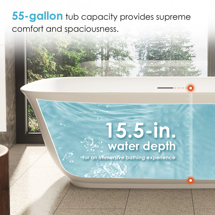 Sarnia 67" x 32" Flatbottom Freestanding Acrylic Soaking Bathtub in Glossy White with Drain and Integrated Overflow