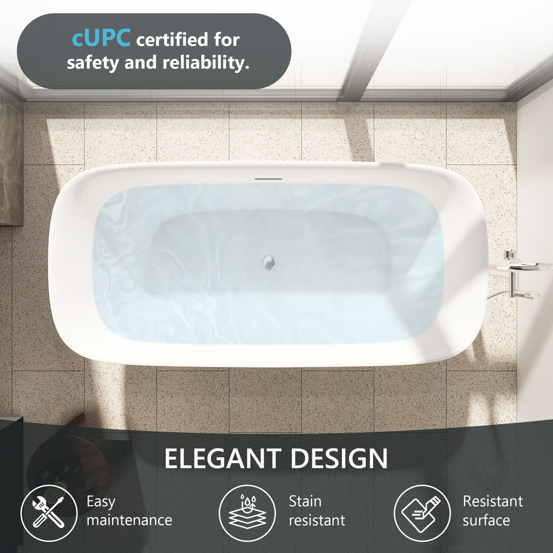 Sarnia 67" x 32" Flatbottom Freestanding Acrylic Soaking Bathtub in Glossy White with Drain and Integrated Overflow