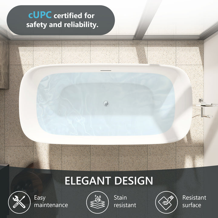 Sarnia 67" x 32" Flatbottom Freestanding Acrylic Soaking Bathtub in Glossy White with Drain and Integrated Overflow