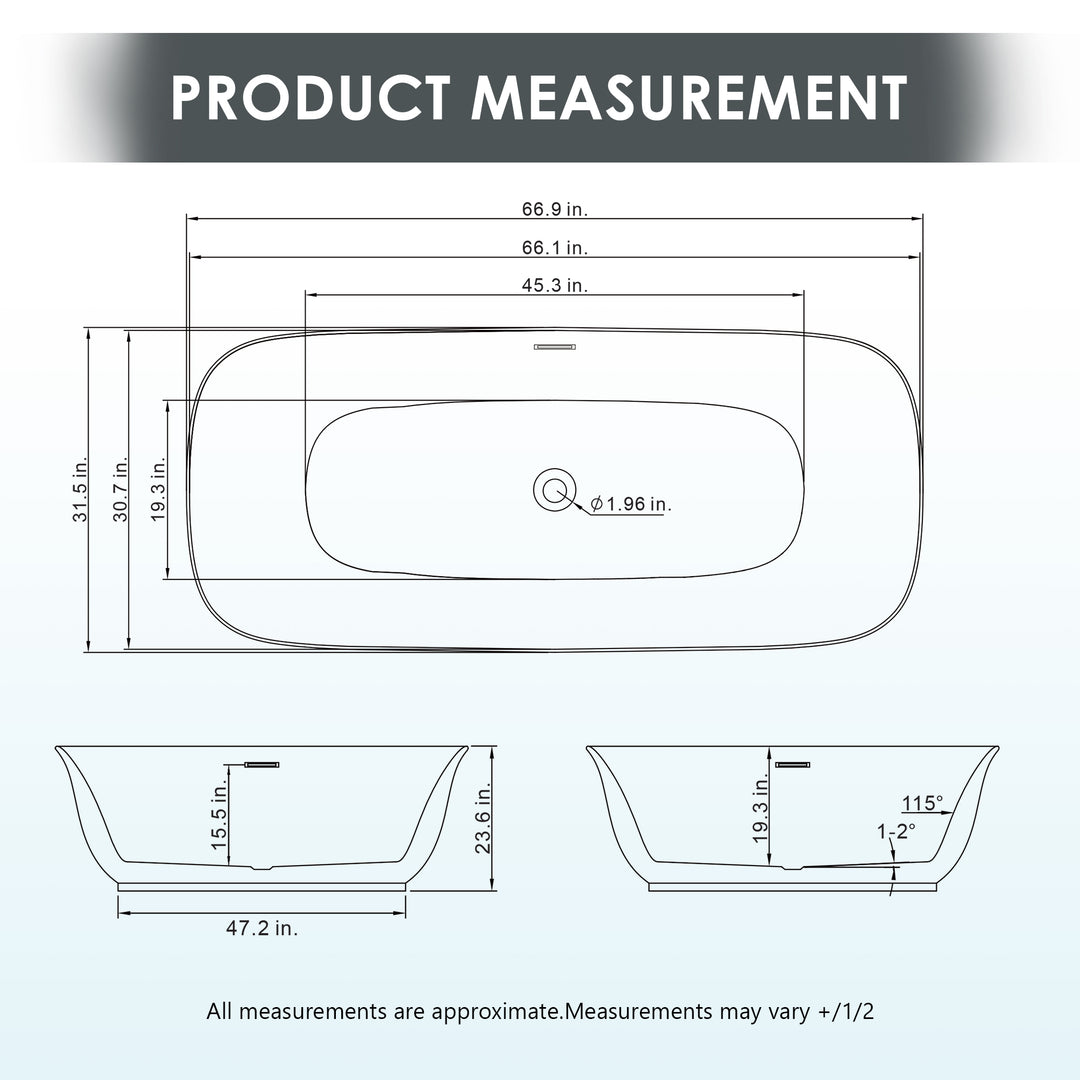 Sarnia 67" x 32" Flatbottom Freestanding Acrylic Soaking Bathtub in Glossy White with Drain and Integrated Overflow