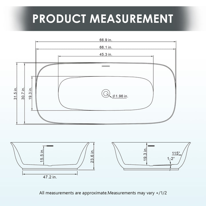 Sarnia 67" x 32" Flatbottom Freestanding Acrylic Soaking Bathtub in Glossy White with Drain and Integrated Overflow
