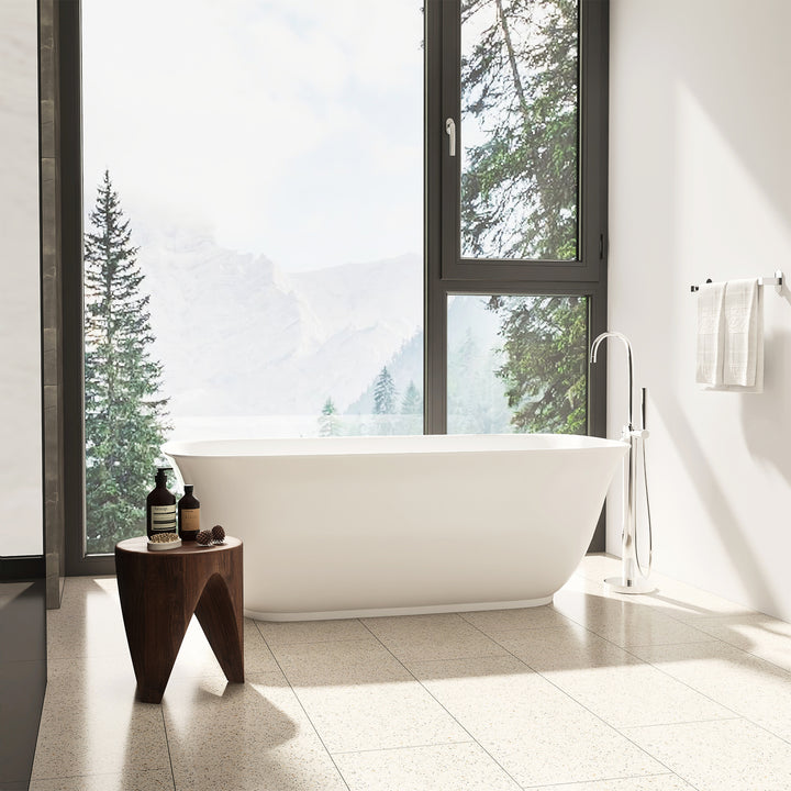 Sarnia 67" x 32" Flatbottom Freestanding Acrylic Soaking Bathtub in Glossy White with Drain and Integrated Overflow